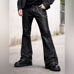 Gunzinii Coated Black Rhinestone Flare pants men’s Size 30 Y2K Studded Chain NWT